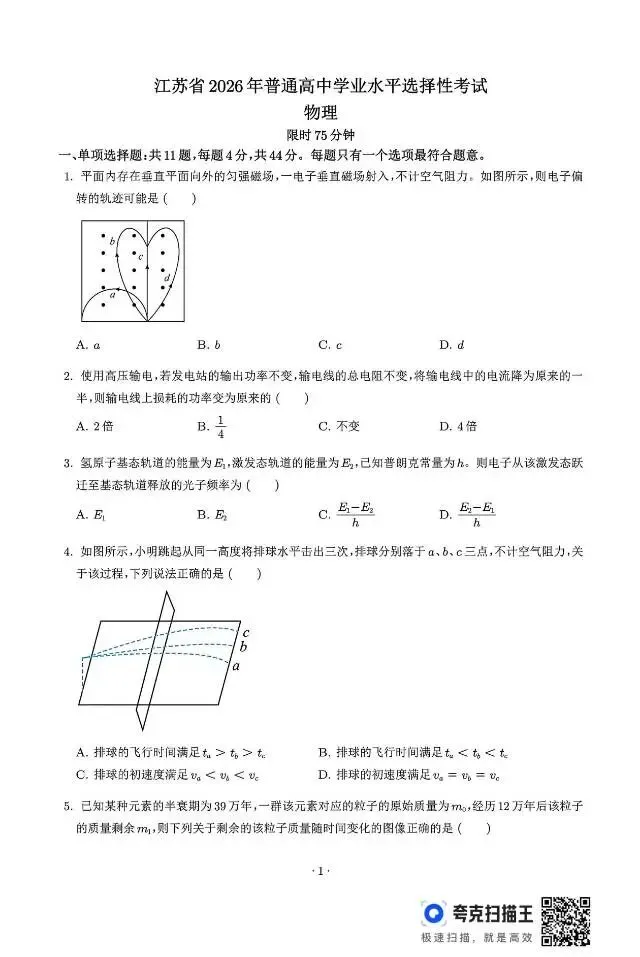 高考真题!江苏省2026年普通高中学业水平选择性考试物理试题及答案!-第1张图片-四季读书网