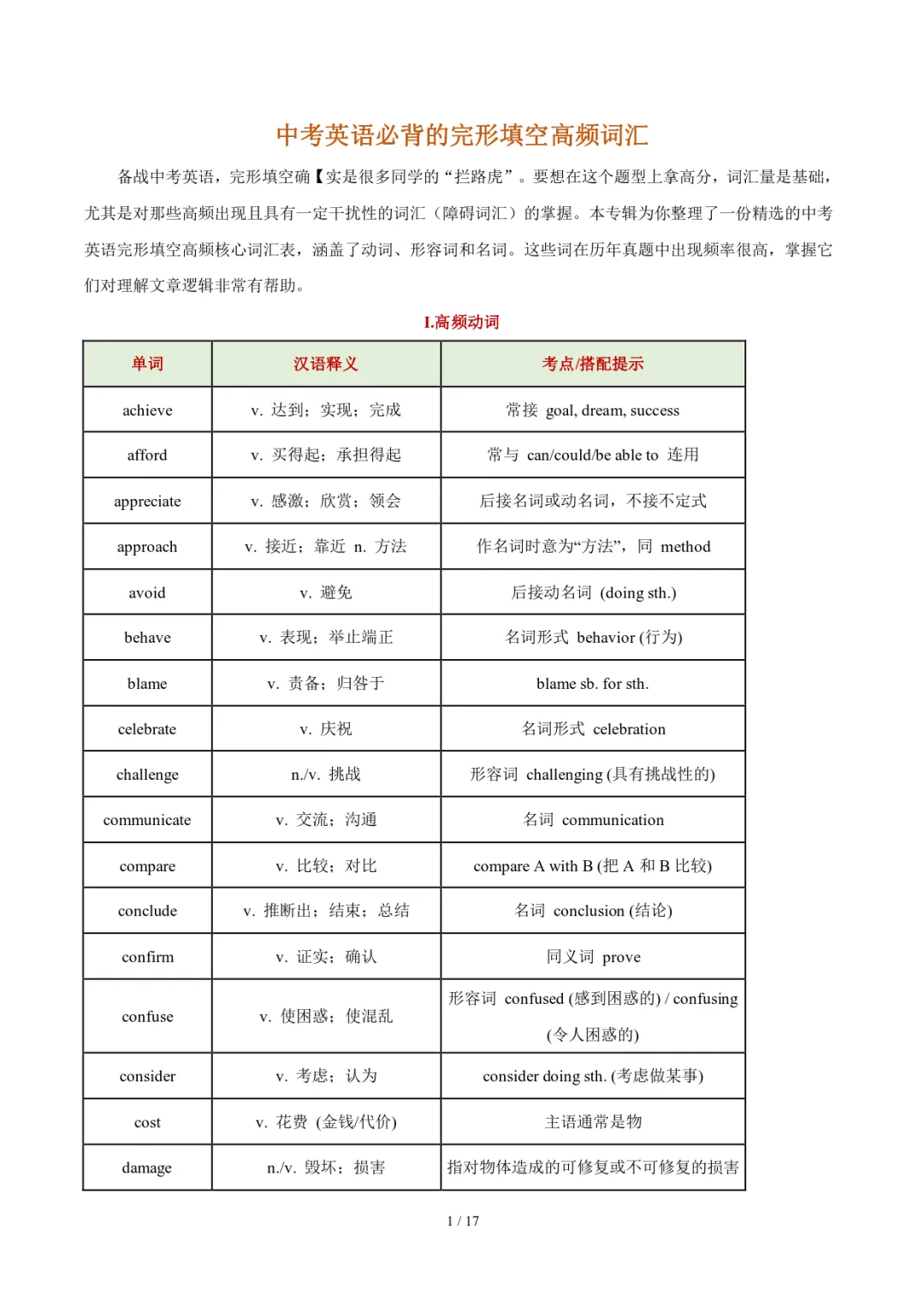 中考英语必背的完形填空高频词汇-第1张图片-四季读书网