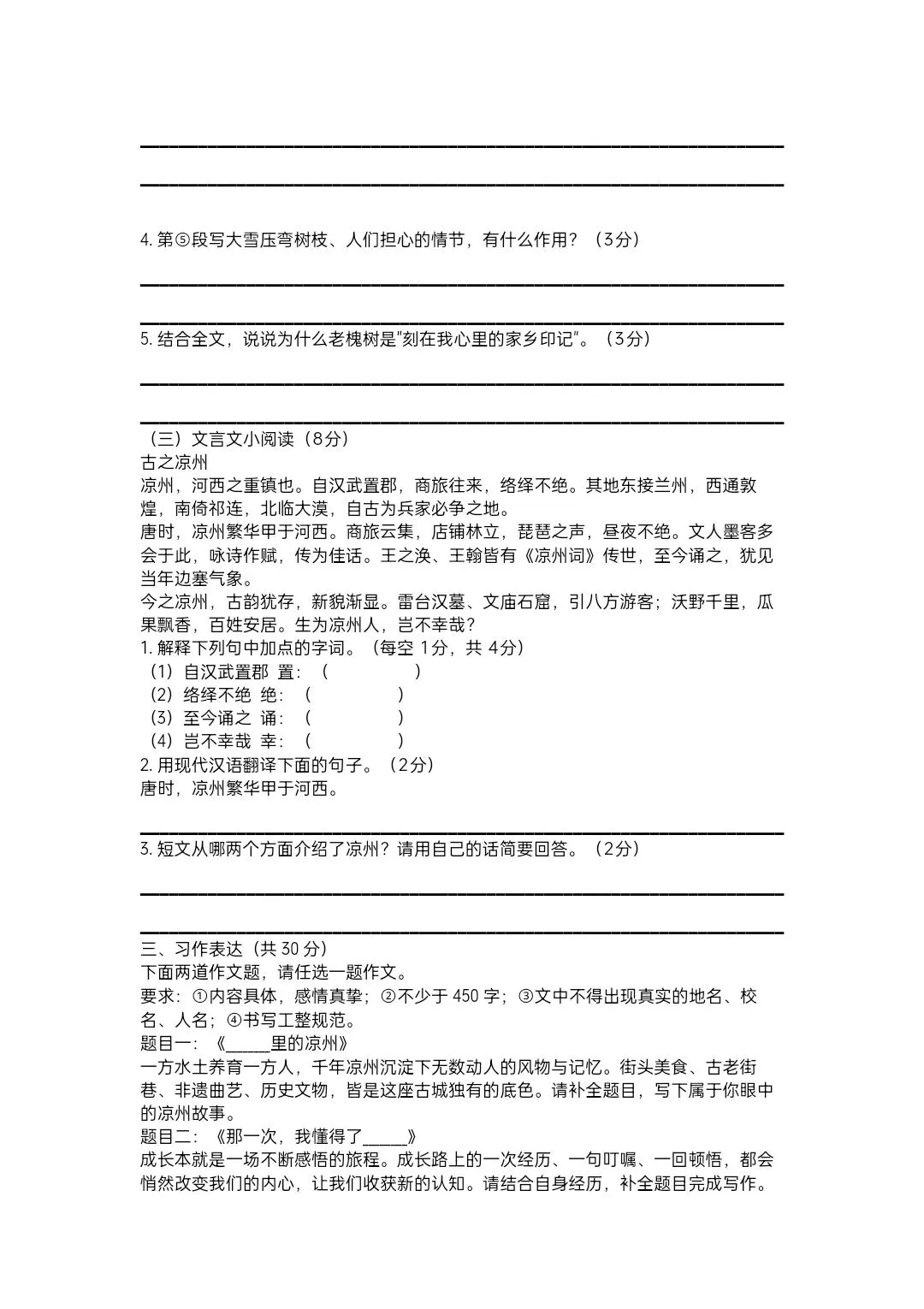 2026年武威市凉州区小升初语文考试模拟试卷(二)-第4张图片-四季读书网