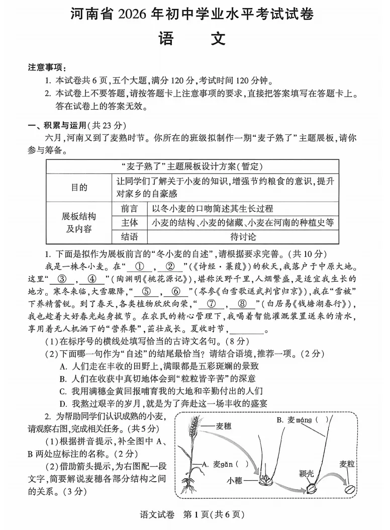 河南中考语文试题+答案-第1张图片-四季读书网
