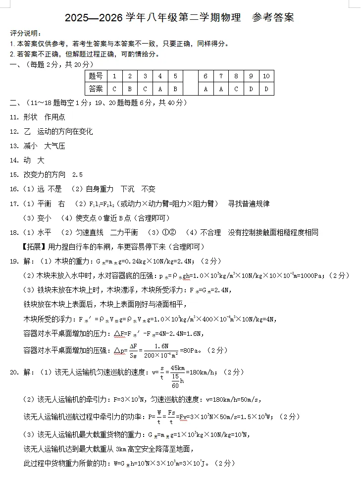 2025-2026人教版八年级下册物理试卷-第6张图片-四季读书网