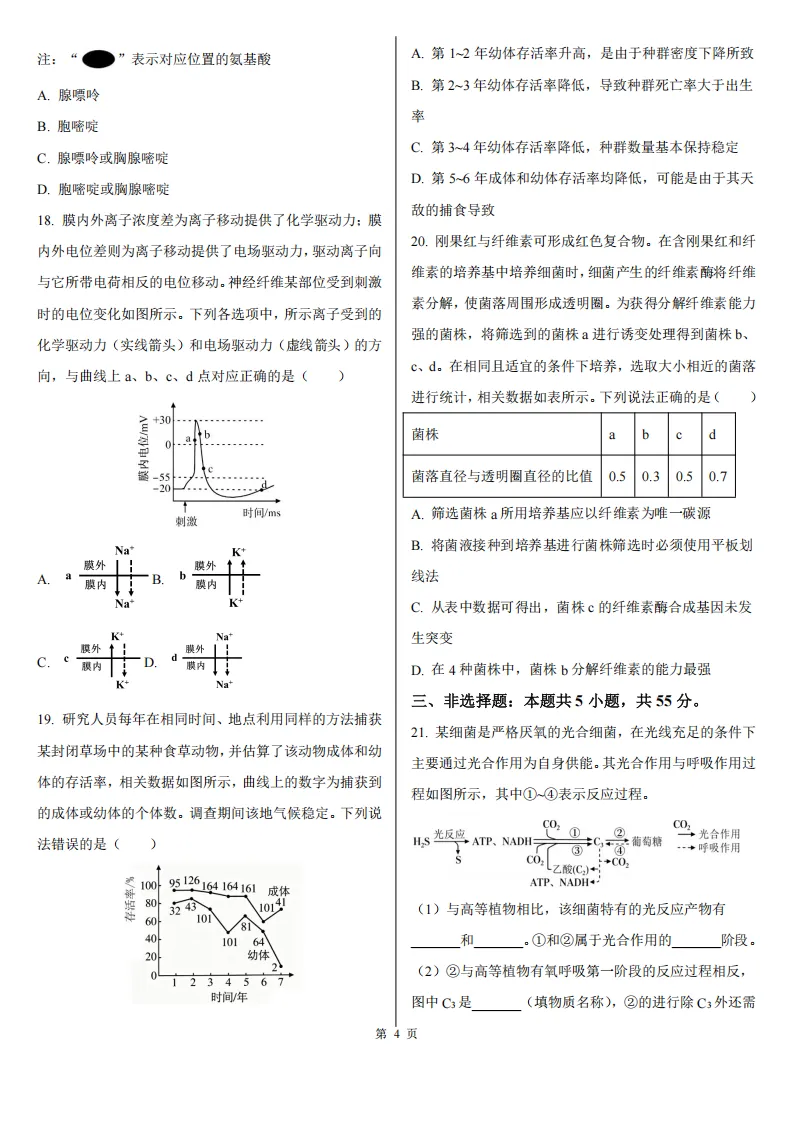 【高考真题】2026年高考山东卷生物高考真题-第4张图片-四季读书网