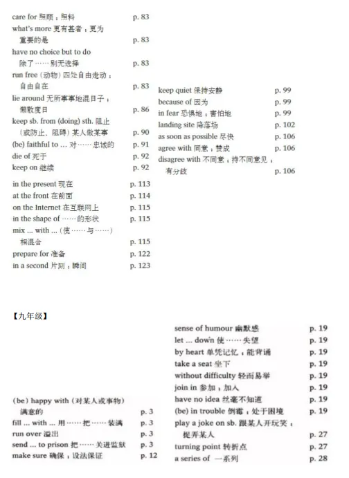 广州中考英语完成句子满分秘籍!内含考试技巧总结!(七上~九下6册书全部短语汇总)-第8张图片-四季读书网