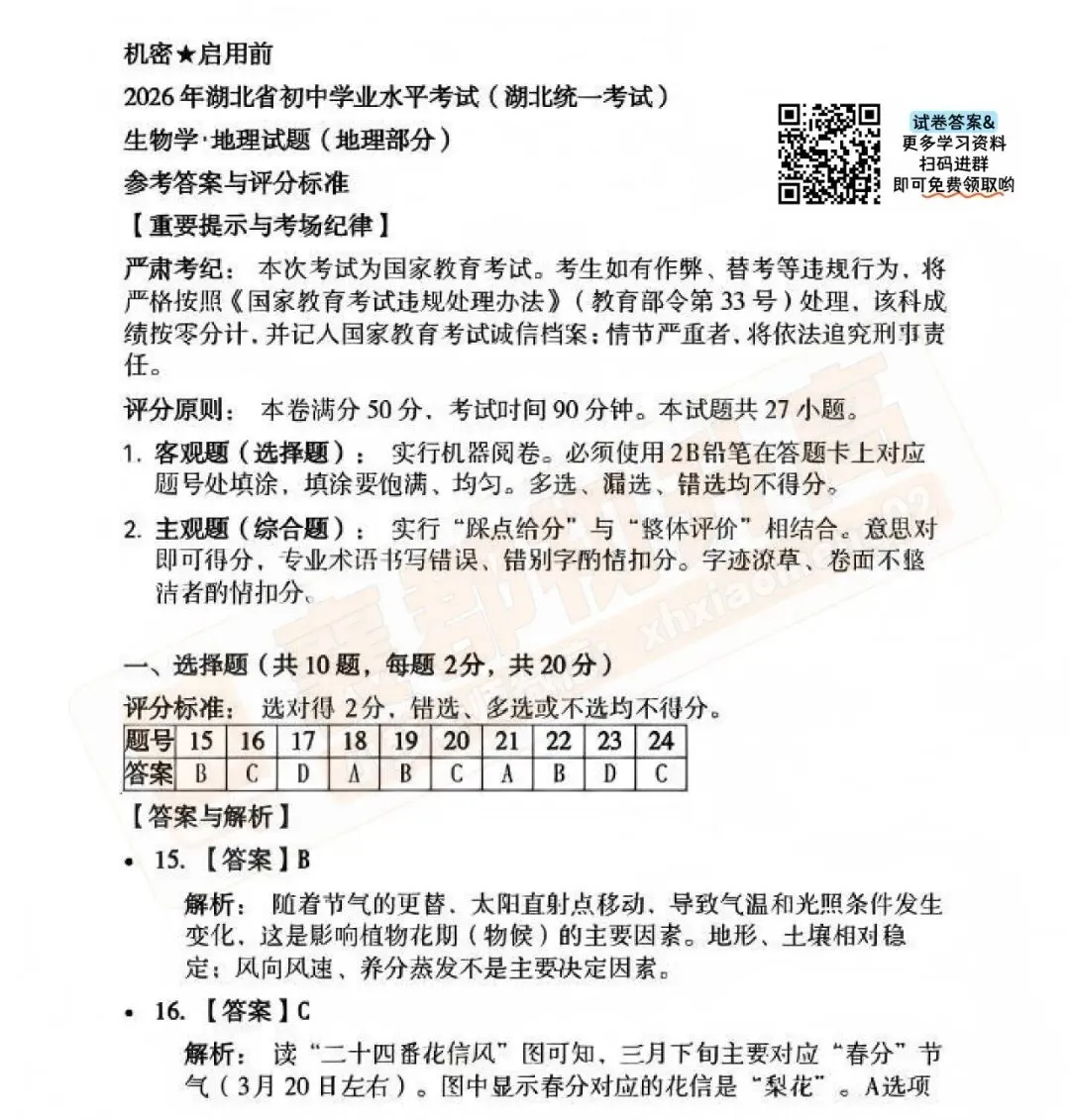 2026湖北中考地理真题卷+答案出炉!-第1张图片-四季读书网