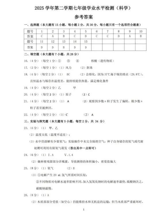 2026.6杭州市萧山区七下期末科学试卷(含答案)-第9张图片-四季读书网