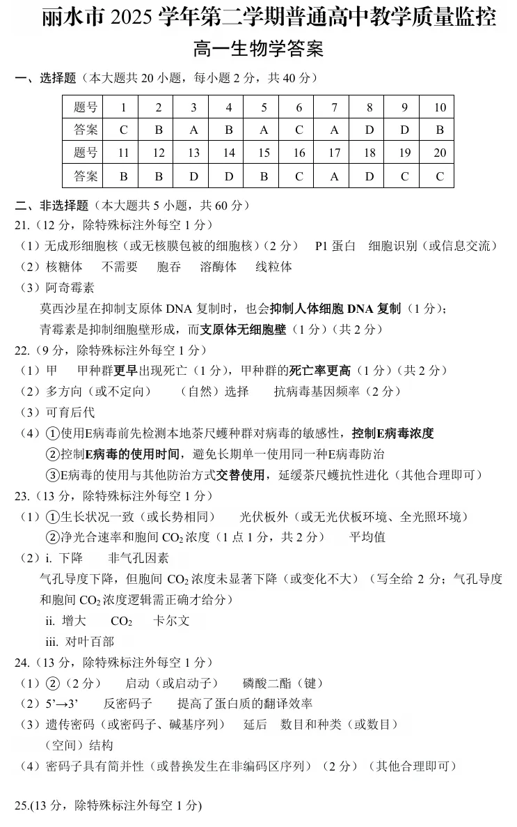 2026年6月丽水高一期末生物试卷、答案-第9张图片-四季读书网
