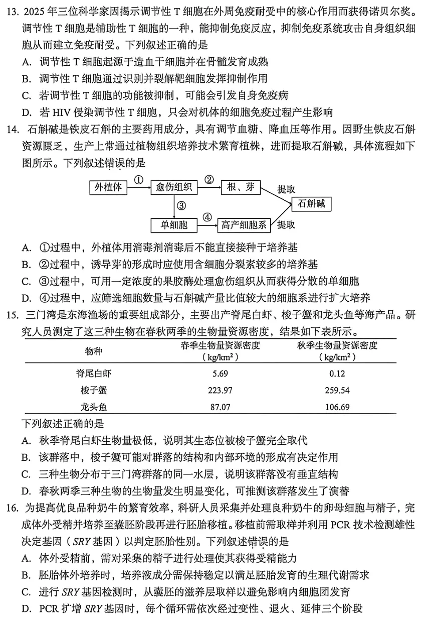 2026年6月台州高二期末生物试卷、答案和解析-第6张图片-四季读书网