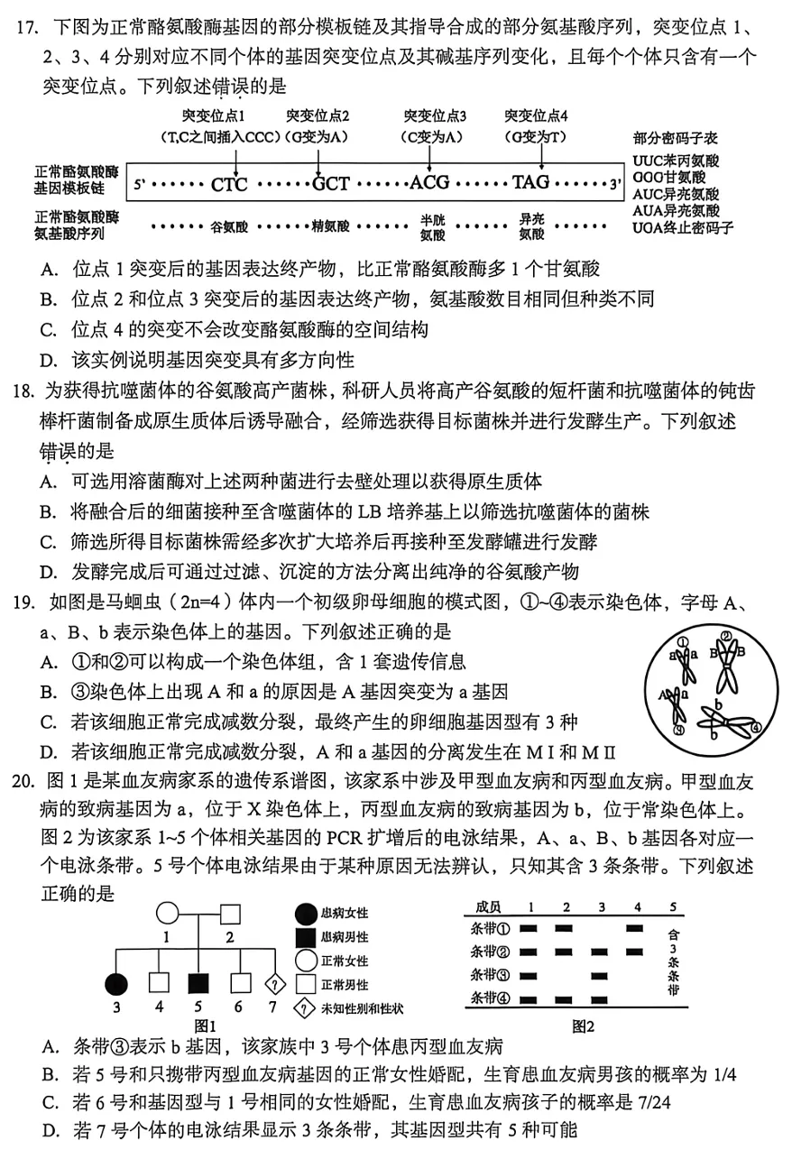 2026年6月台州高二期末生物试卷、答案和解析-第7张图片-四季读书网