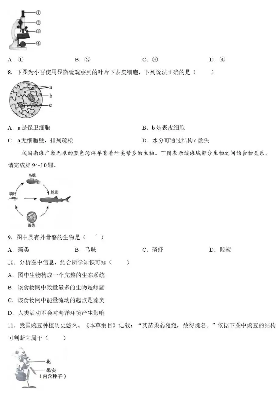 中考试卷:2026年山西省中考生物试卷+参考答案-第3张图片-四季读书网