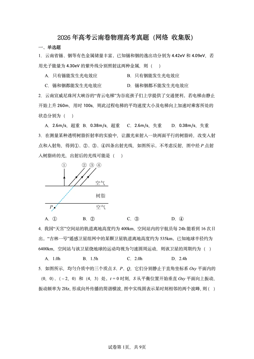 2026年高考云南卷物理高考真题(网络收集版)-第1张图片-四季读书网