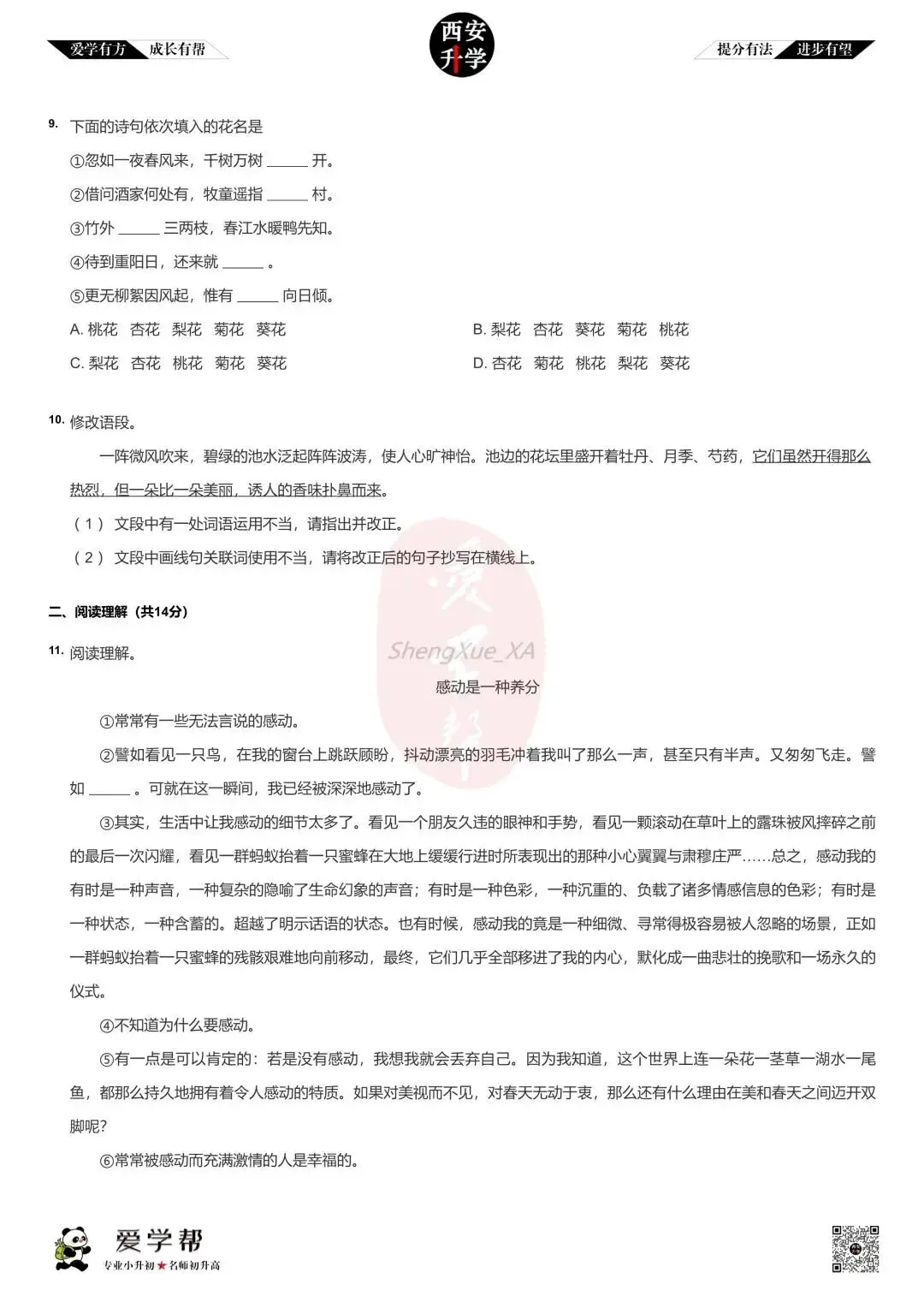 【新初一入学分班考 往年真题】市八十三中~语文(含答案)-第3张图片-四季读书网