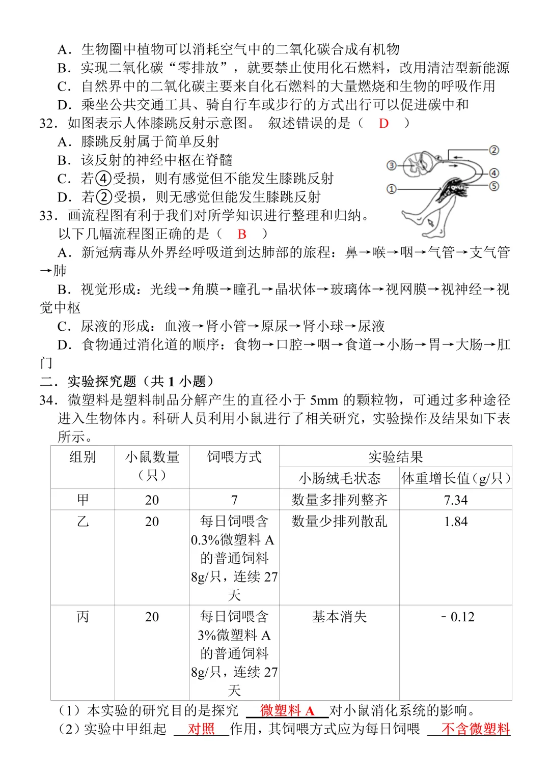 七年级下册生物期末真题测试卷(含答案),打印出来给孩子查漏补缺!-第8张图片-四季读书网