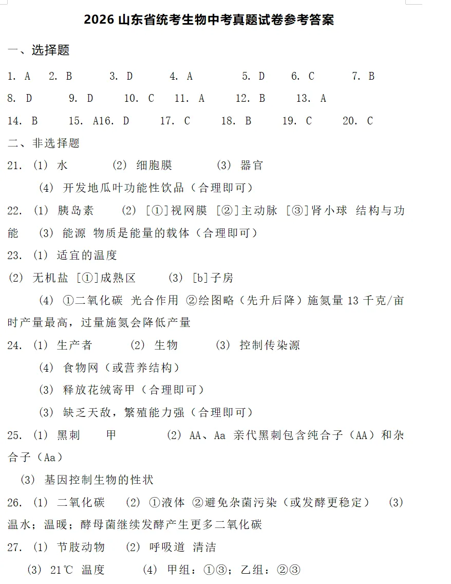 2026年山东省中考生物真题(附下载)-第9张图片-四季读书网