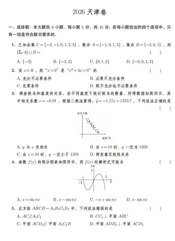 2026年天津市高考(数学)真题试卷及答案、PDF电子版-第1张图片-四季读书网