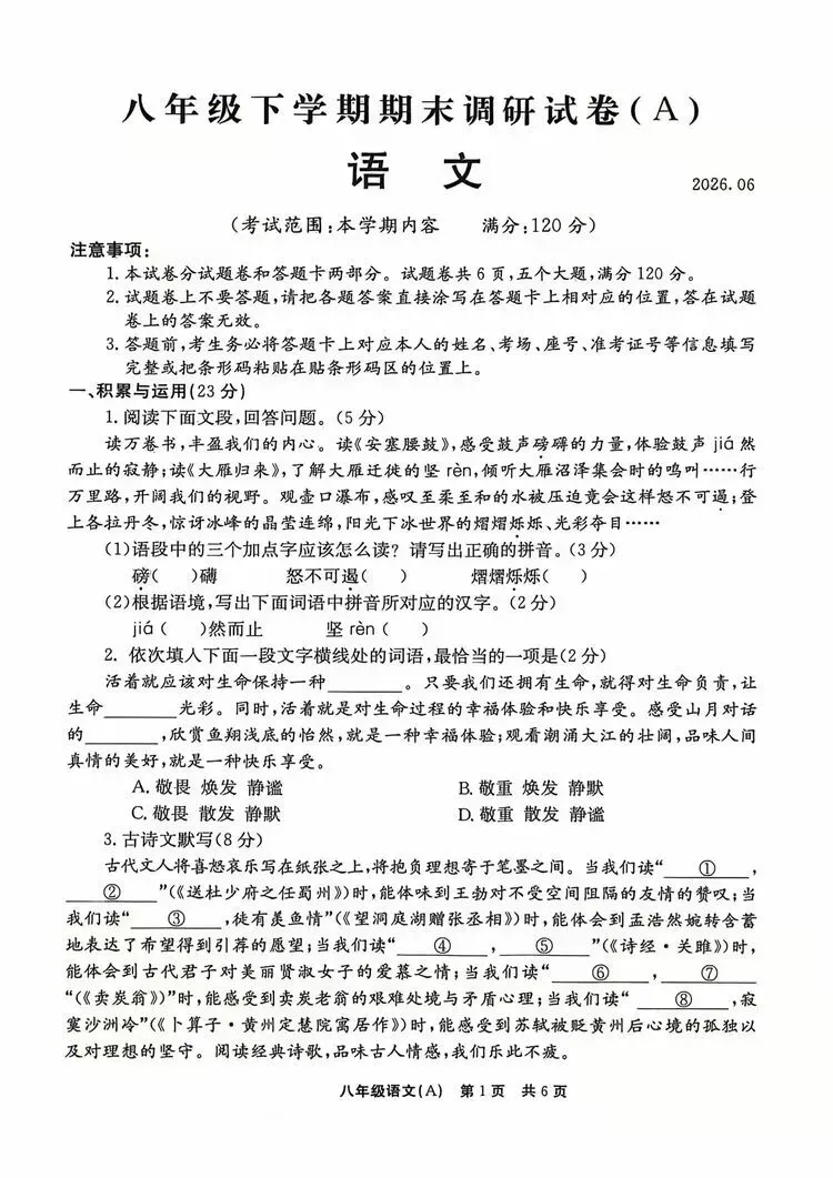 【第38期】试卷集锦| 八下语文期末冲刺卷-第1张图片-四季读书网