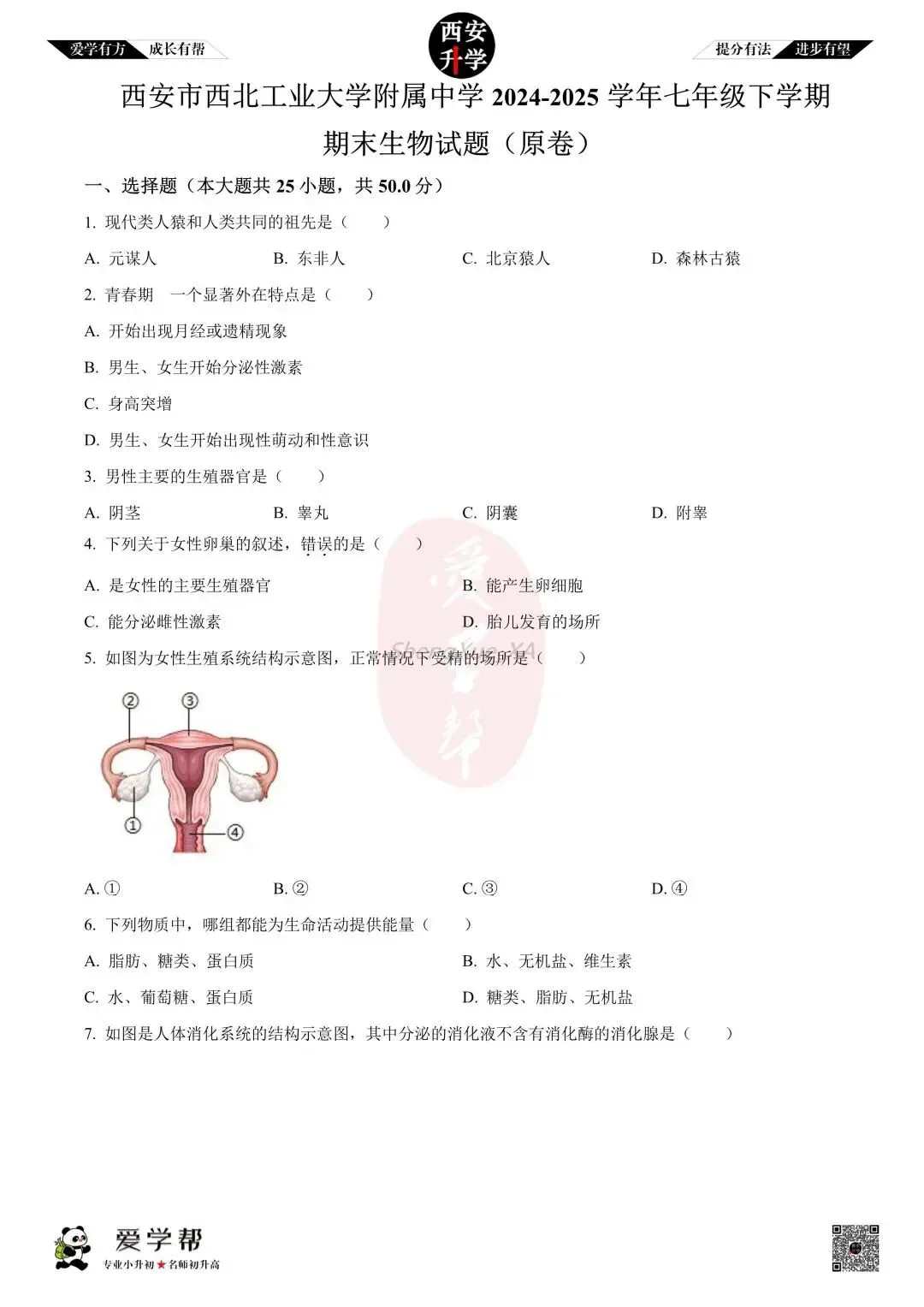 【初中名校 往年真题】七下期末:西工大附中~生物(含答案)-第2张图片-四季读书网