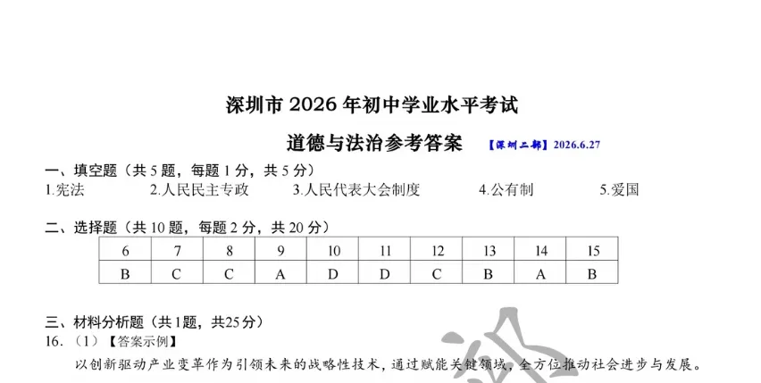 2026年深圳中考【历史】真题答案含回忆版-第6张图片-四季读书网
