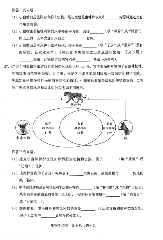中考真题|2026年河北省初中生物学学业水平考试-第6张图片-四季读书网