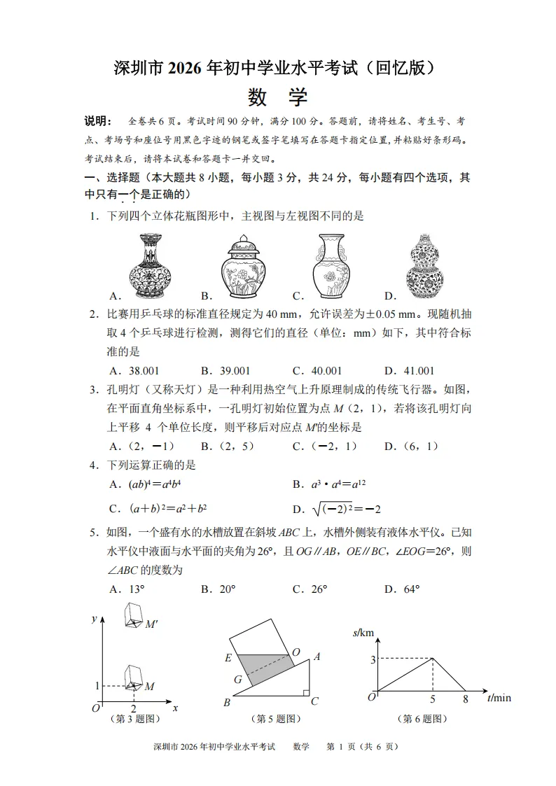 2026年深圳中考数学/物理/化学等真题(回忆版)+答案最新出炉!-第3张图片-四季读书网