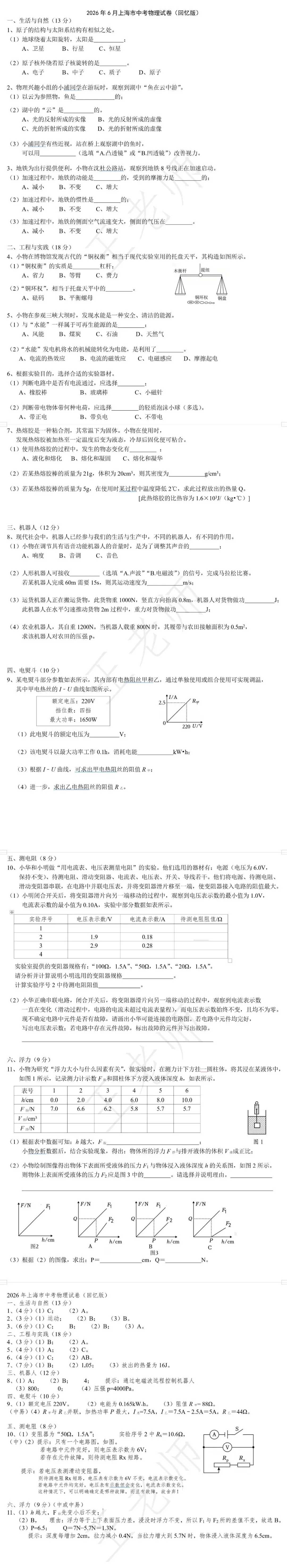 2026年6月上海物理中考真题卷(回忆版)-第1张图片-四季读书网