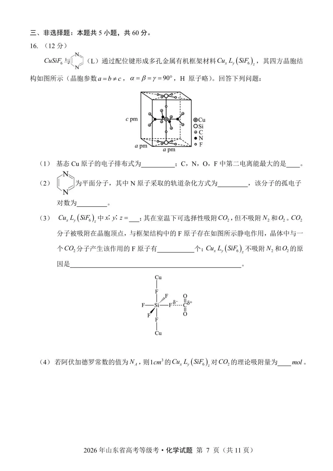 山东省2026年高考化学试卷(个人重排版 参考答案评分意见)-第7张图片-四季读书网