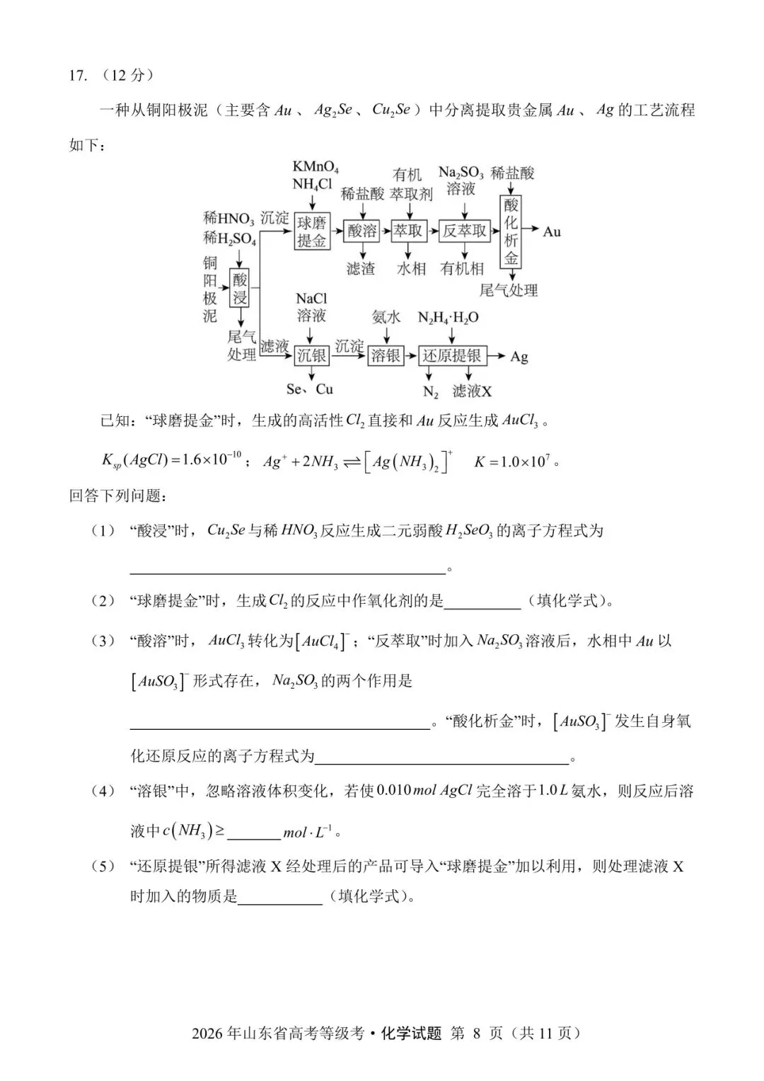 山东省2026年高考化学试卷(个人重排版 参考答案评分意见)-第8张图片-四季读书网