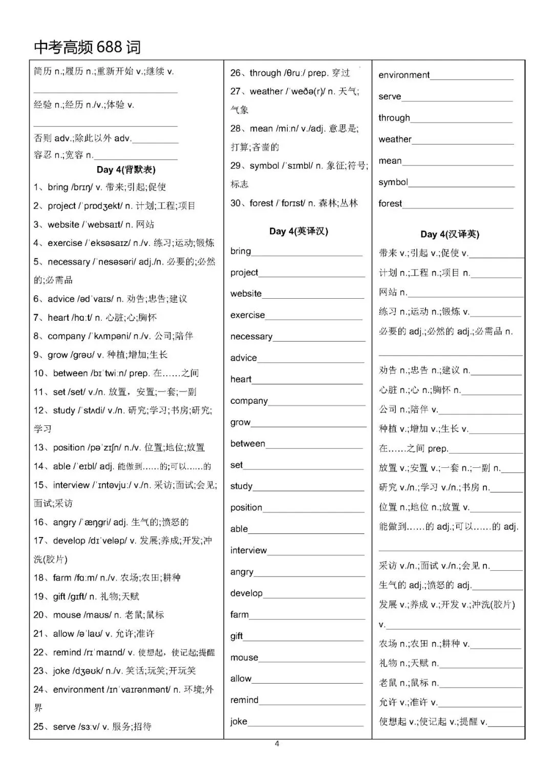 【中考英语】中考高频688词背默表-第4张图片-四季读书网