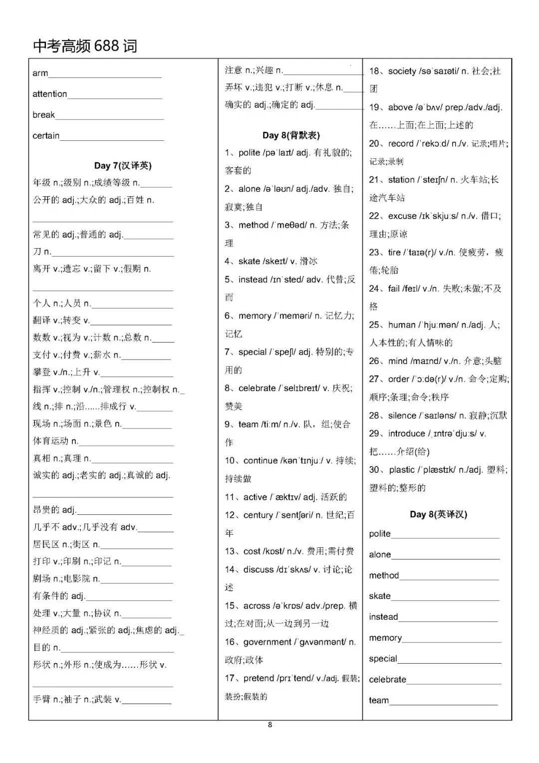 【中考英语】中考高频688词背默表-第8张图片-四季读书网