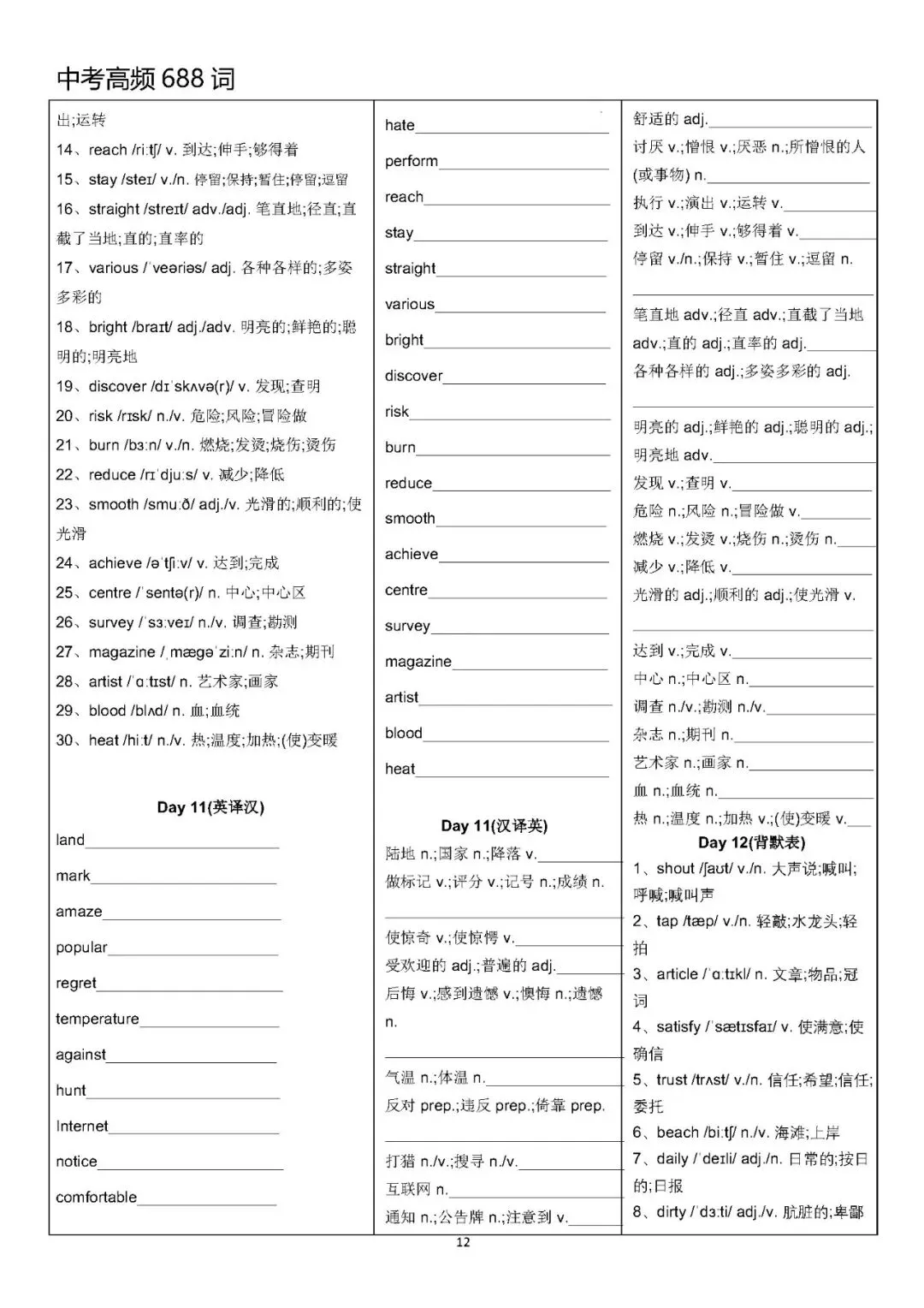 【中考英语】中考高频688词背默表-第12张图片-四季读书网