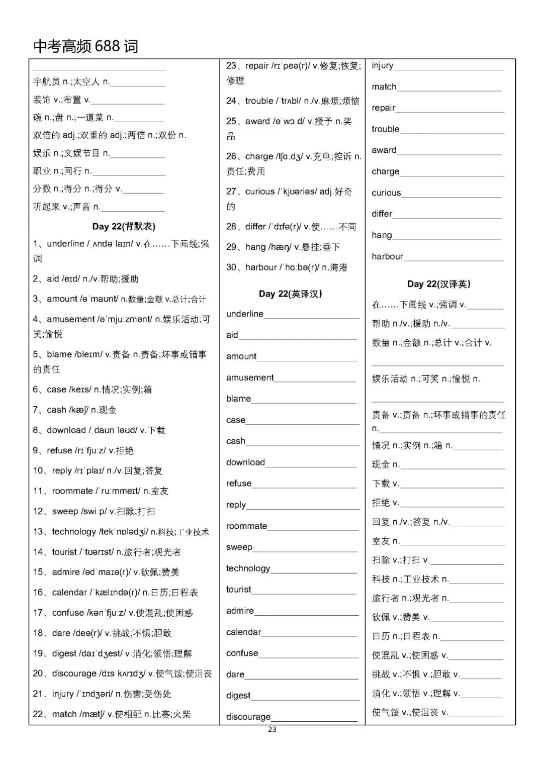 【中考英语】中考高频688词背默表-第23张图片-四季读书网