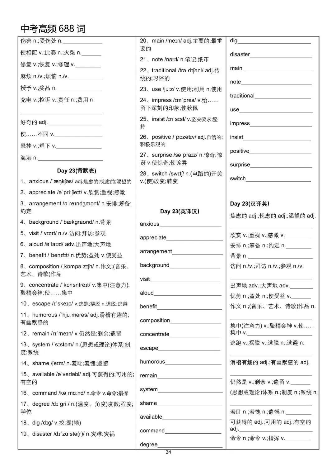 【中考英语】中考高频688词背默表-第24张图片-四季读书网