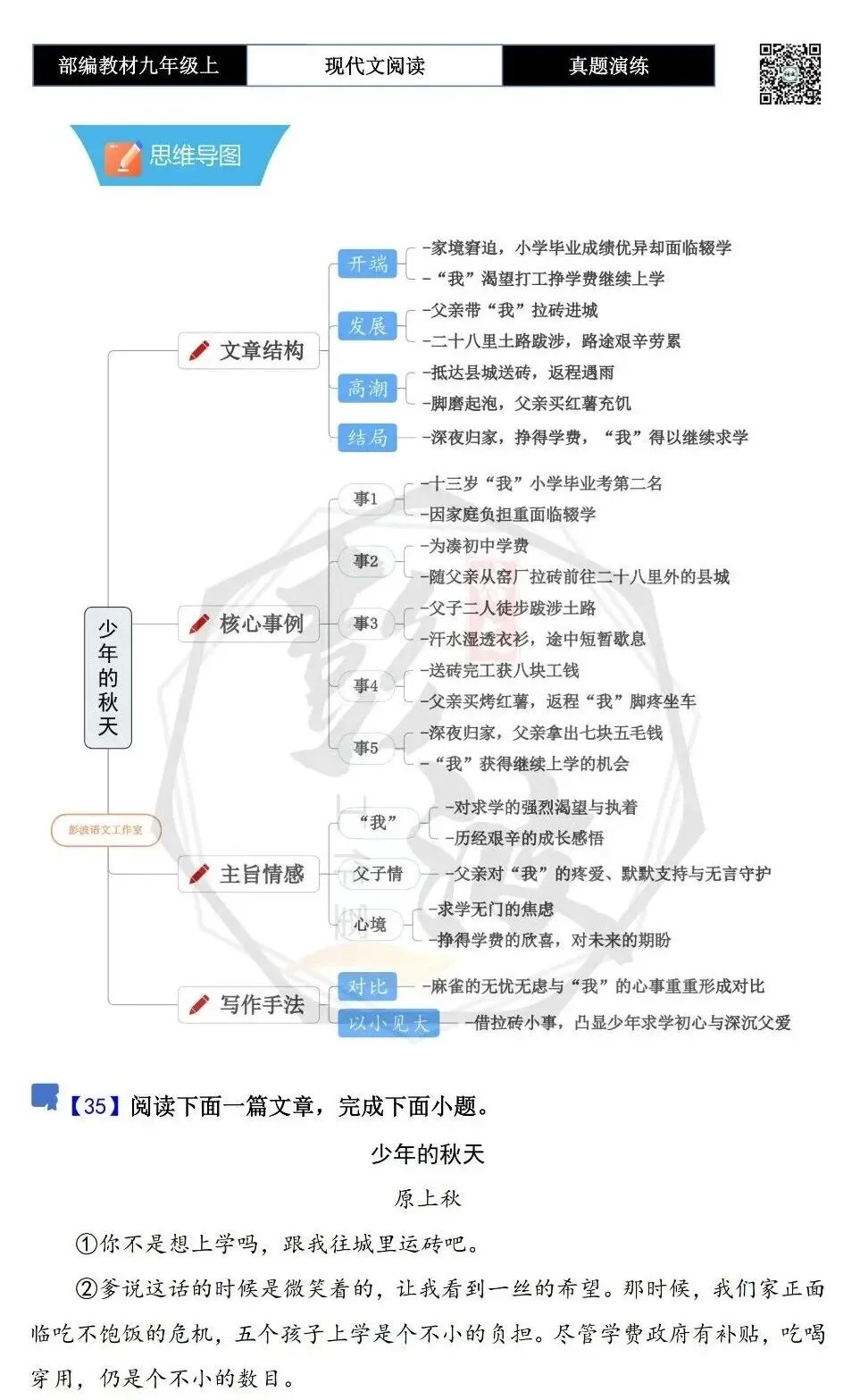 【现代文阅读-真题演练】九年级上-35-少年的秋天-思维导图+试题精析-第5张图片-四季读书网