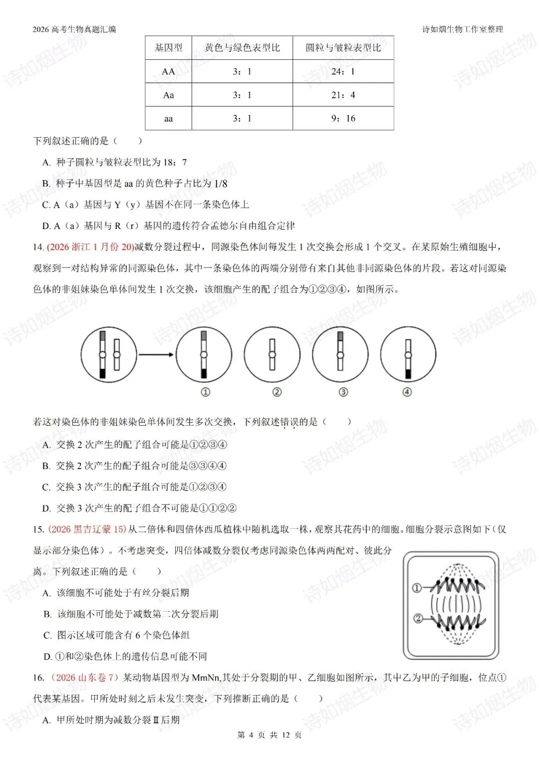 2026年高考生物真题汇编----必修二选择题部分(上)-第4张图片-四季读书网