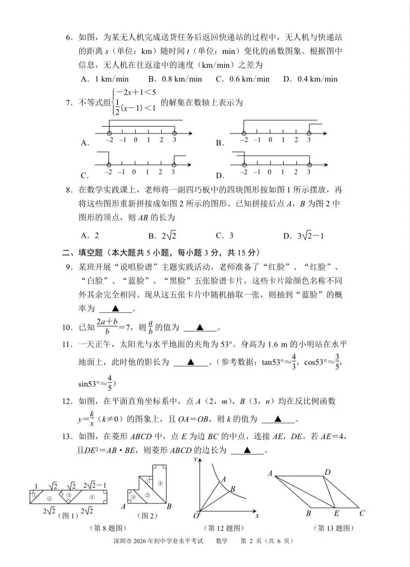 26深圳初中学业水平考试数学(回忆版)试卷+答案-第2张图片-四季读书网