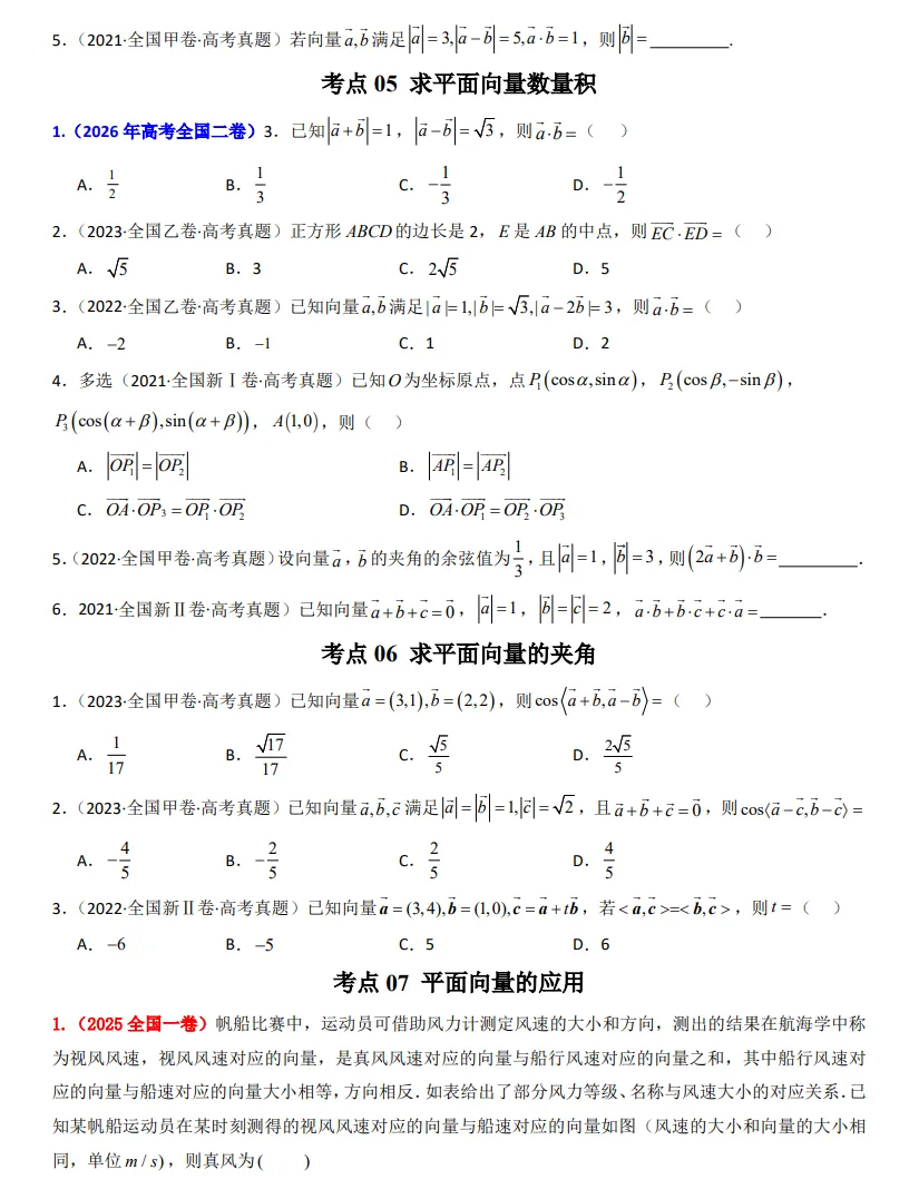 2021-2026高考真题数学分项汇编(全国卷)——专题3 平面向量-第2张图片-四季读书网