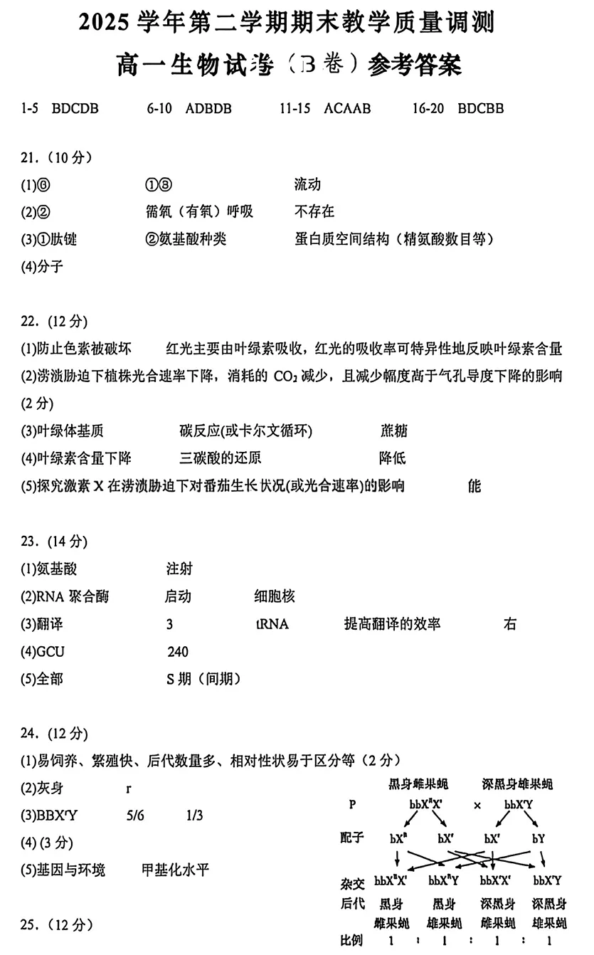 2026年6月绍兴柯桥高一期末生物试卷(B卷)、答案-第9张图片-四季读书网