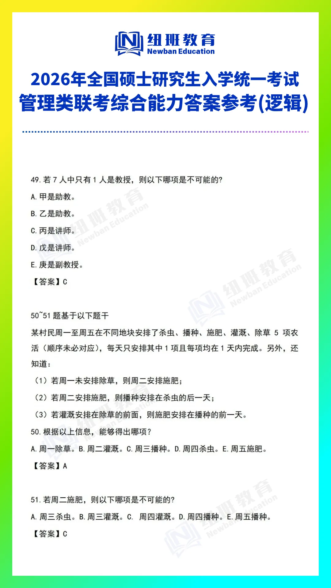 管理类综合能力(199)26考研真题答案参考【逻辑部分】-第16张图片-四季读书网