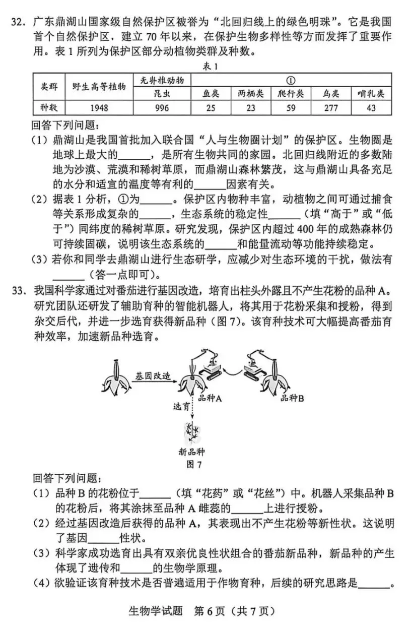 2026广东生物中考真题(初中学业水平考试生物学)试卷+参考答案 有pdf文档-第7张图片-四季读书网