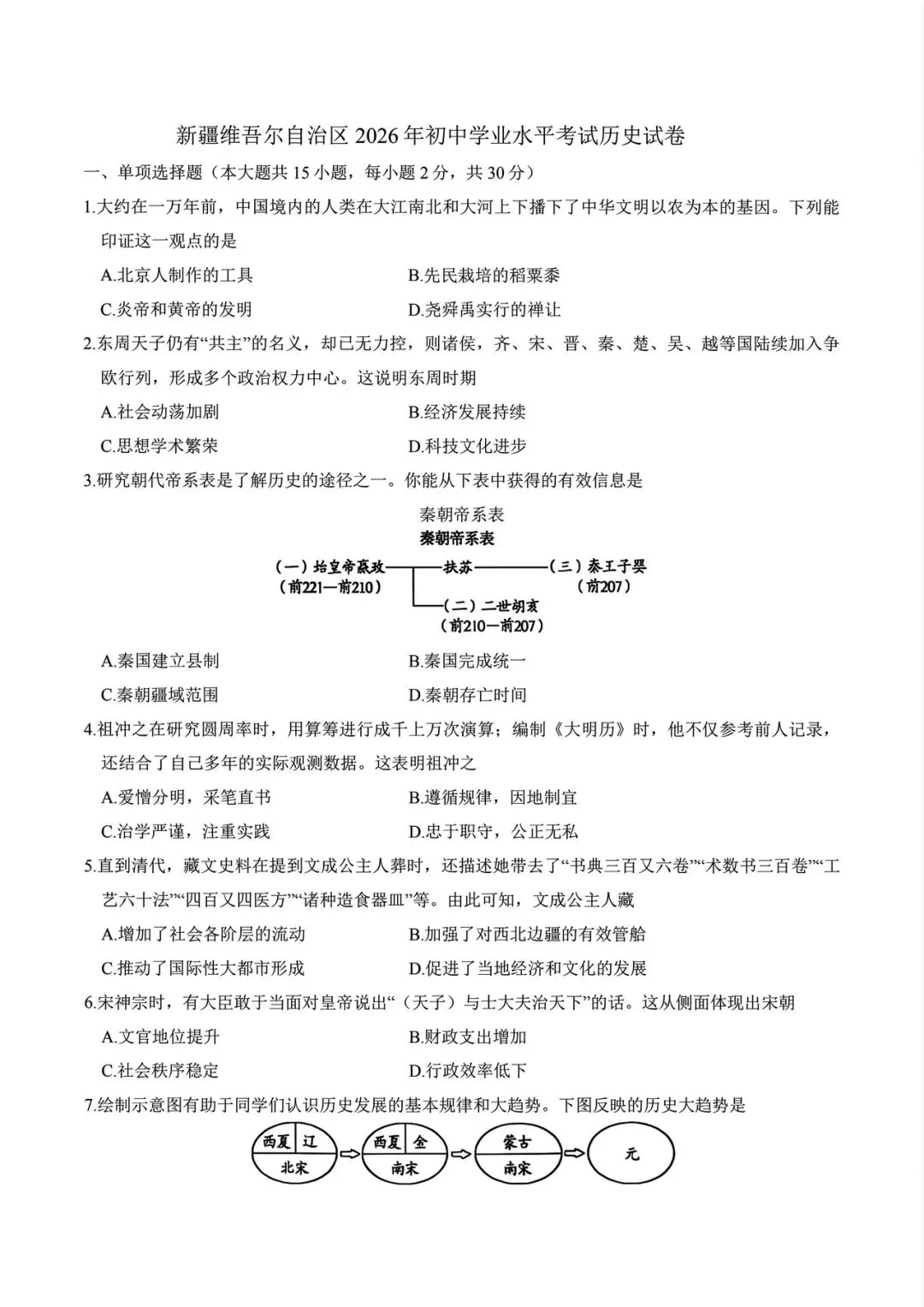 【真题速递】2026年新疆中考历史试卷含答案-第1张图片-四季读书网