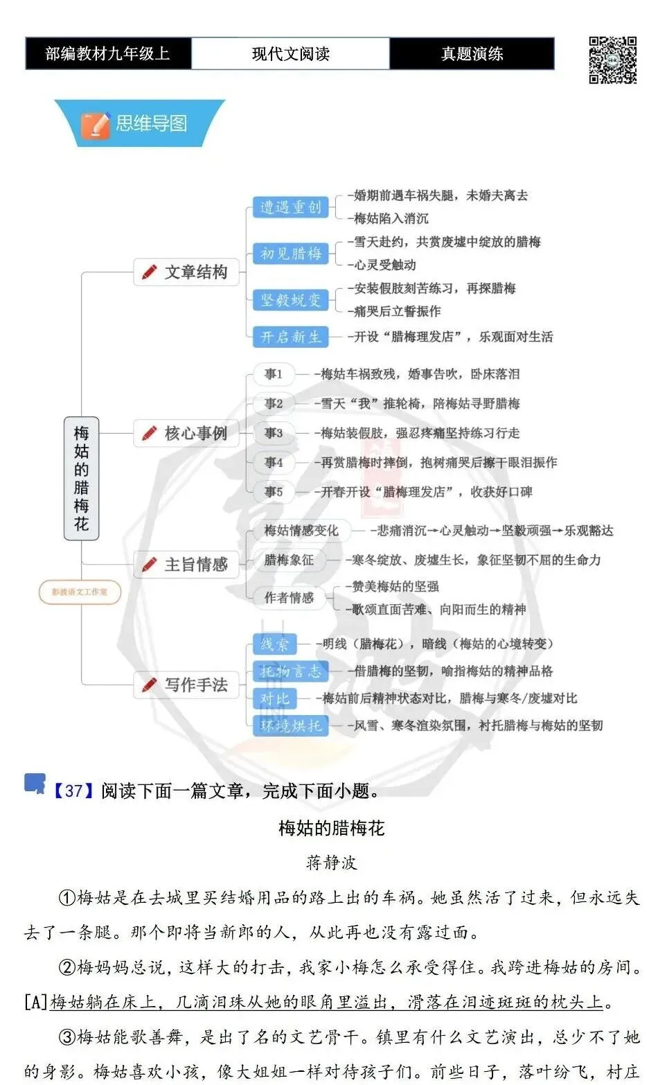 【现代文阅读-真题演练】九年级上-37-梅姑的腊梅花-思维导图+试题精析-第5张图片-四季读书网