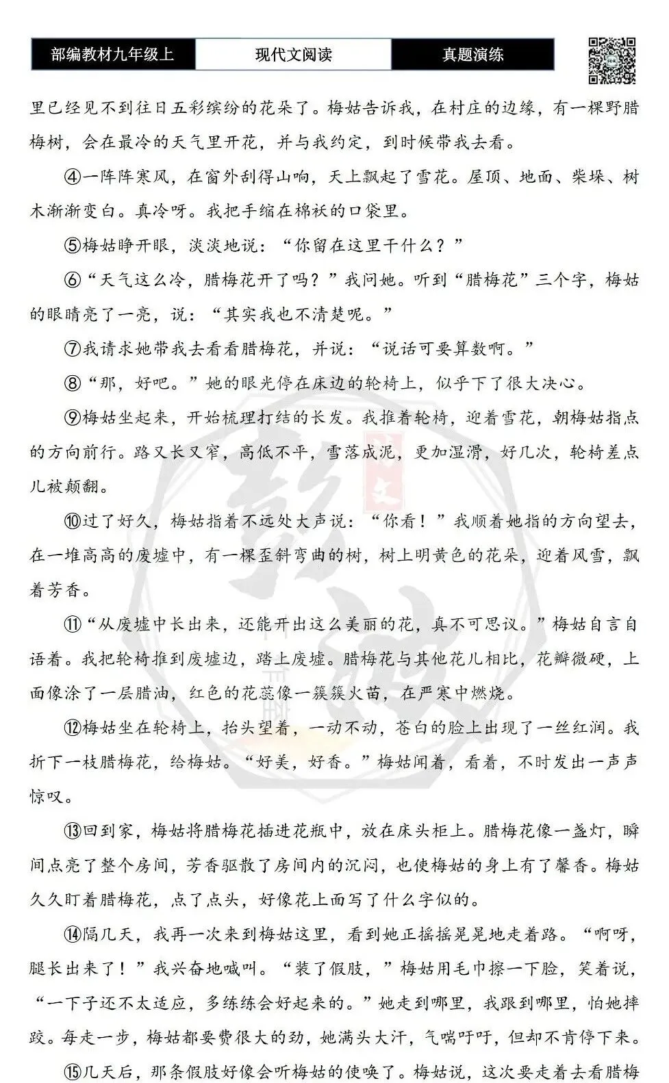 【现代文阅读-真题演练】九年级上-37-梅姑的腊梅花-思维导图+试题精析-第6张图片-四季读书网