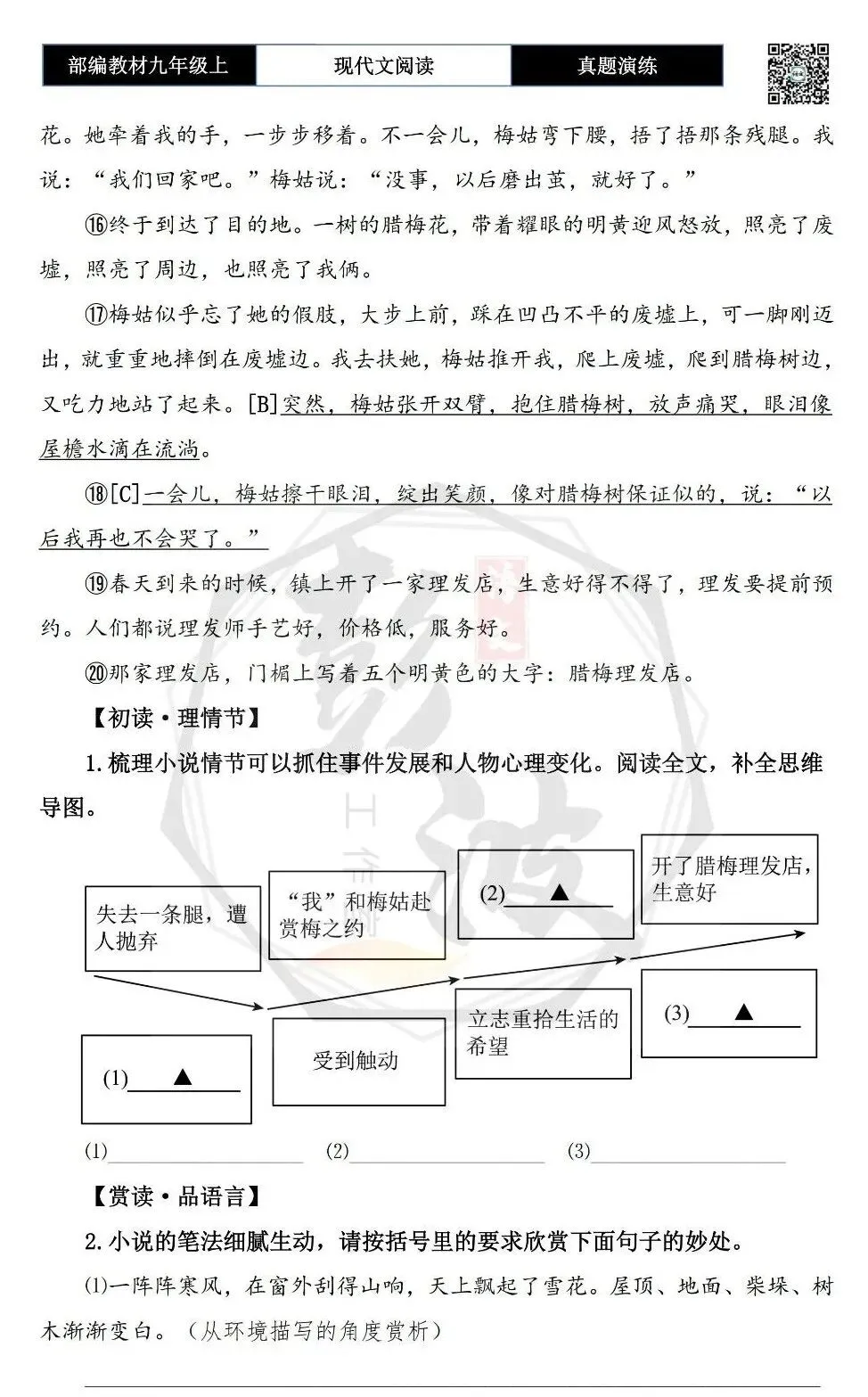 【现代文阅读-真题演练】九年级上-37-梅姑的腊梅花-思维导图+试题精析-第7张图片-四季读书网