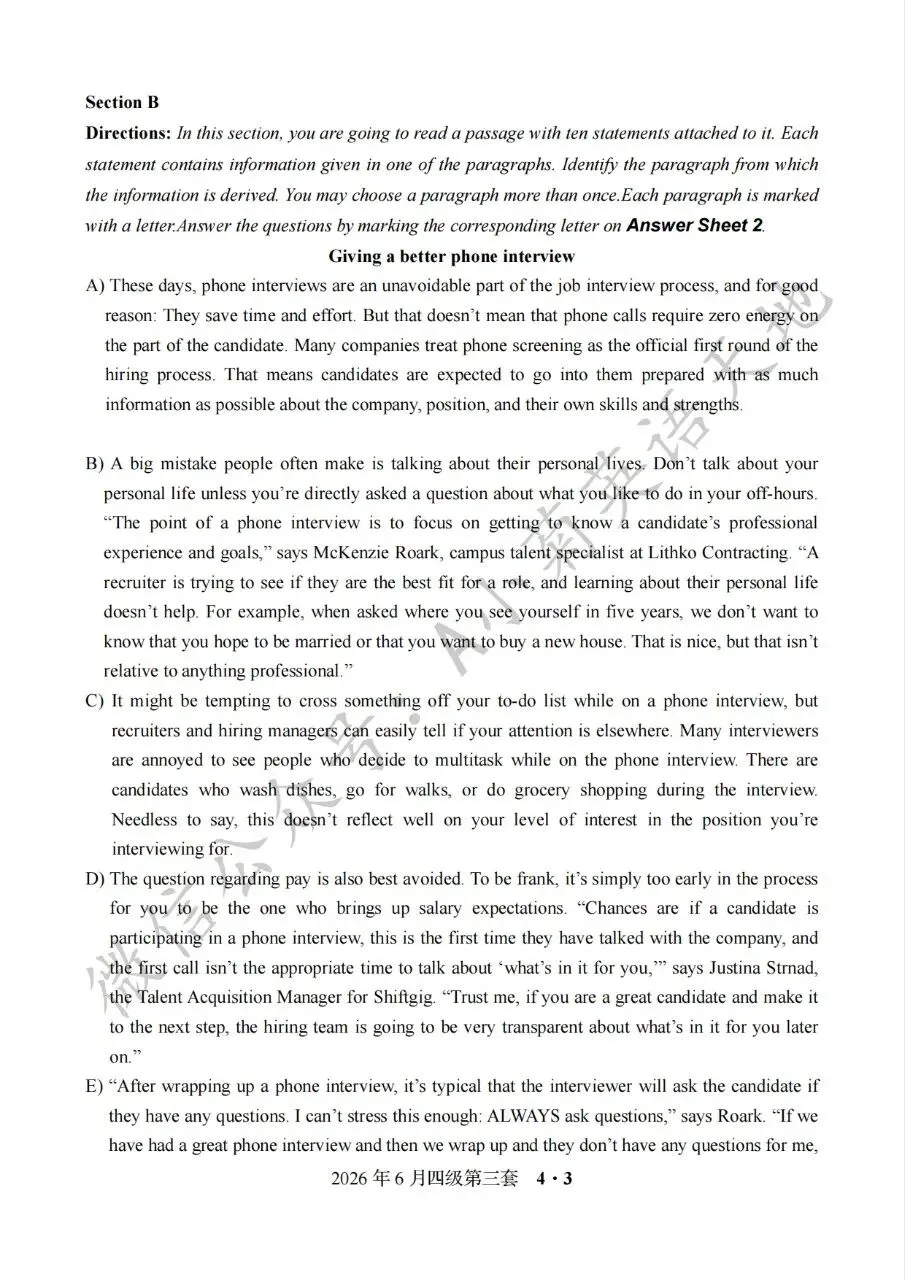 分享2026年6月大学英语四级考试真题(第三套)(PDF版含答案)-第5张图片-四季读书网