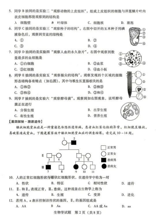 2026年生物学中考试卷:2026年运城市初中学业水平考试生物学试卷-第3张图片-四季读书网