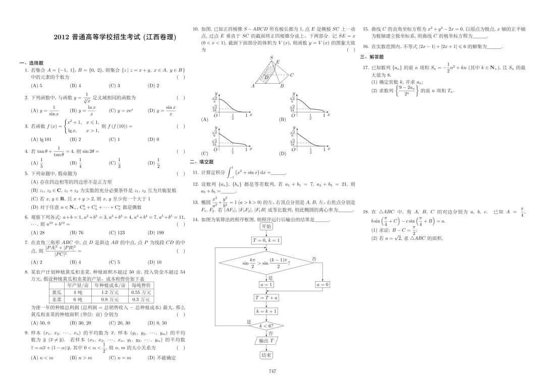 经典高考试卷分享---2012江西理科数学-第1张图片-四季读书网