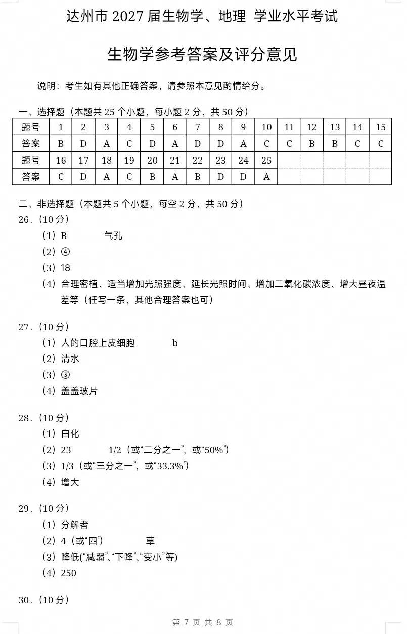 2026四川达州生物中考真题试卷+参考答案 有word文档-第8张图片-四季读书网 2026四川达州生物中考真题试卷+参考答案 有word文档-第8张图片-四季读书网