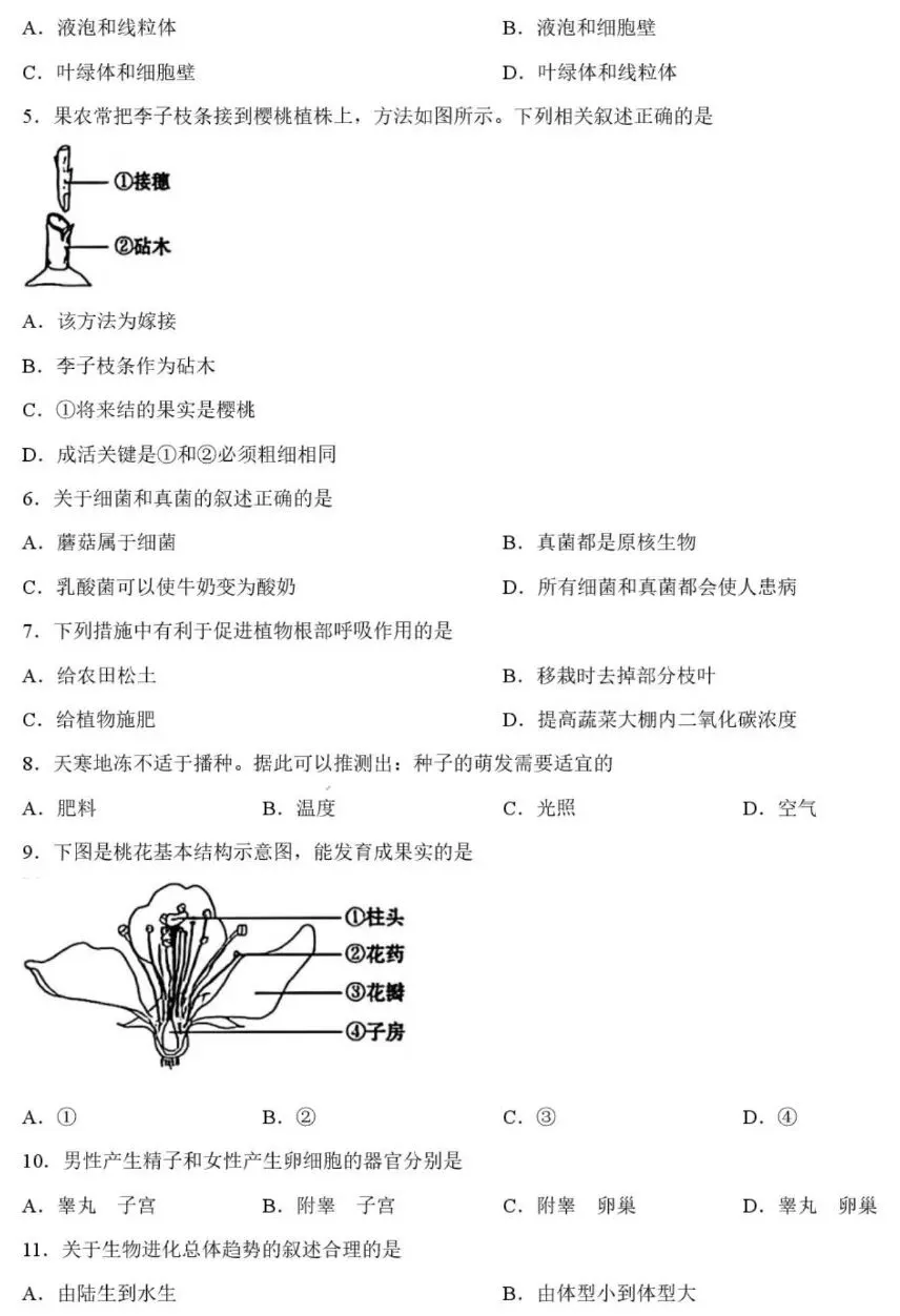 中考试卷:2026年吉林省初中学业水平考试生物学试卷+参考答案-第3张图片-四季读书网