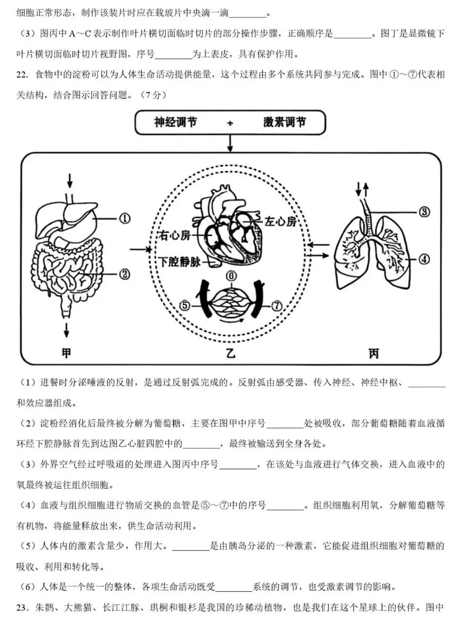 中考试卷:2026年吉林省初中学业水平考试生物学试卷+参考答案-第6张图片-四季读书网