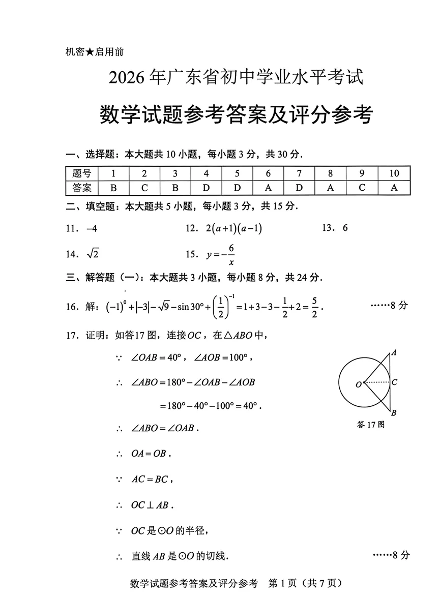2026年广东省初中学业水平考试数学试卷参考答案及评分参考-第1张图片-四季读书网