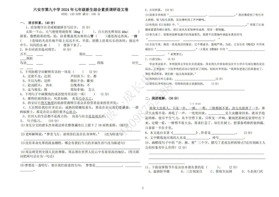 六安初中小升初往年真题卷(皋城、汇文、九中、裕安、轻工中学等)-第3张图片-四季读书网